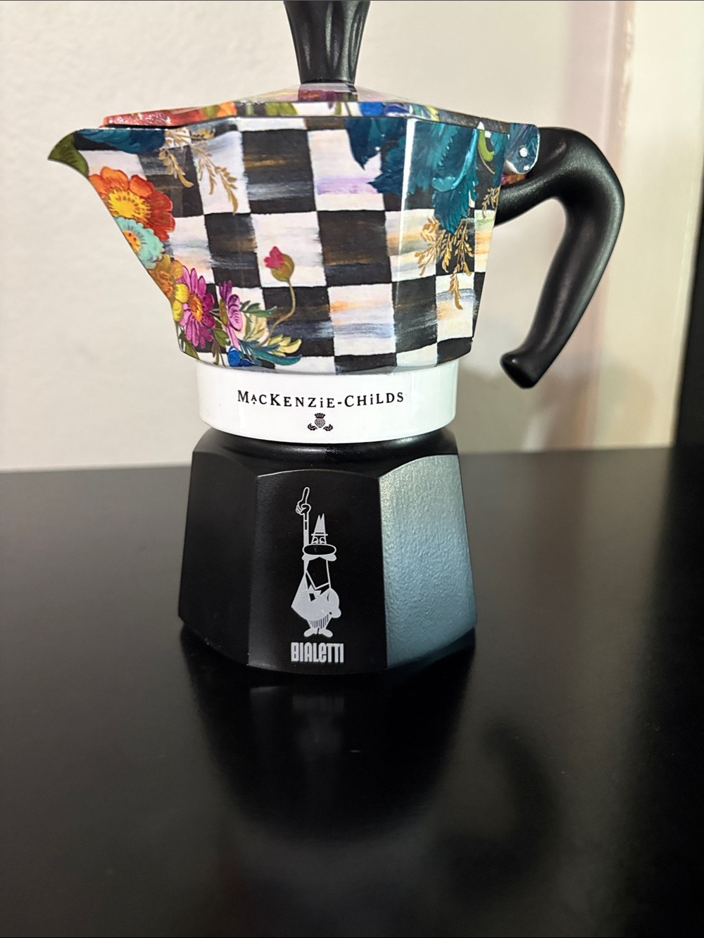 MacKenzie-Childs Floral Check Stovetop Espresso Maker - Black, White, Multicolor